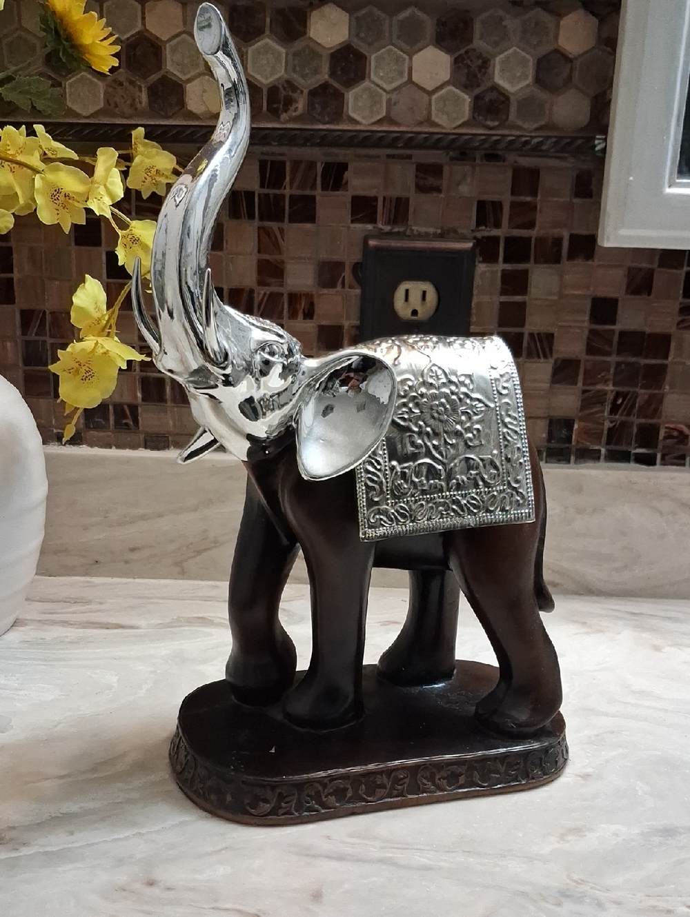 Silver-Accent Decorative Elephant Figurine in Dark Brown